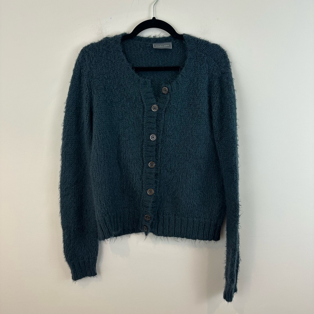 Wooden Ships Eyelash Knit Fuzzy Cozy Teal Button-Front Women's Sweater S/M
